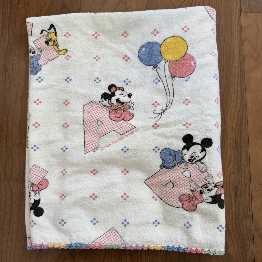 Vintage Disney Baby Mickey Minnie ABC's Crochet Trimmed Flannel Crib Blanket 80s